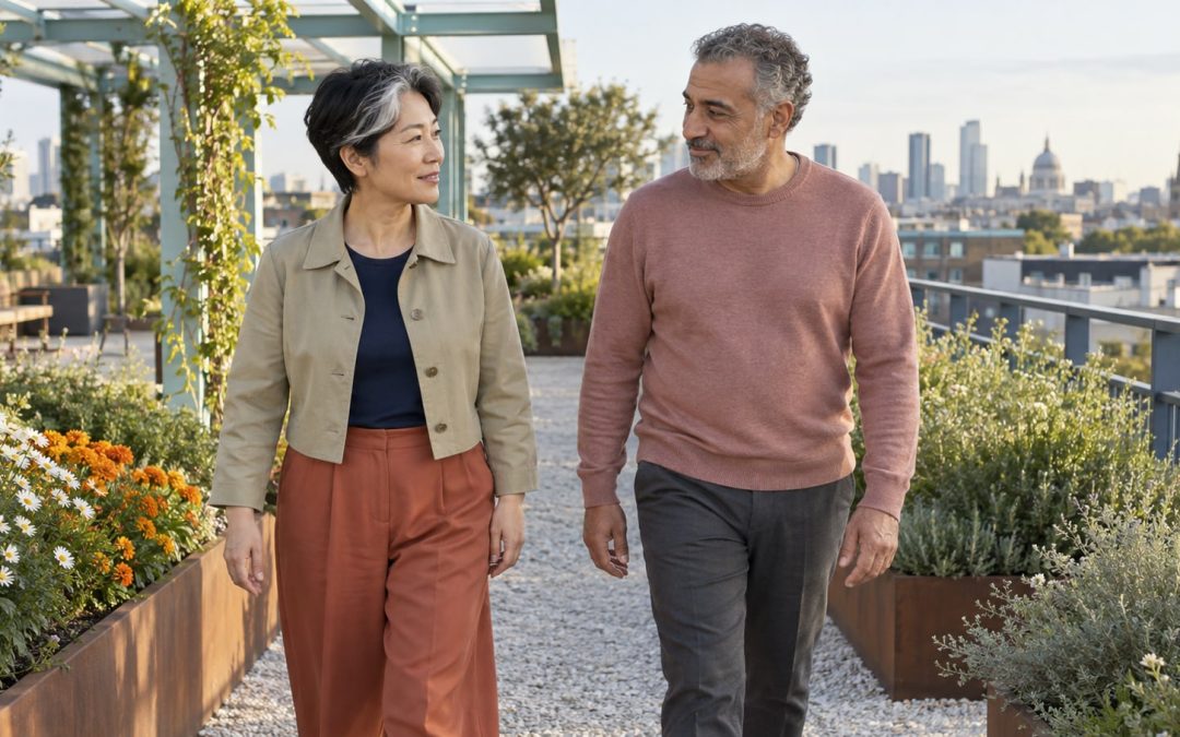 Two mature adults walk side by side through a rooftop garden, talking with their faces visible and hands relaxed at their sides.