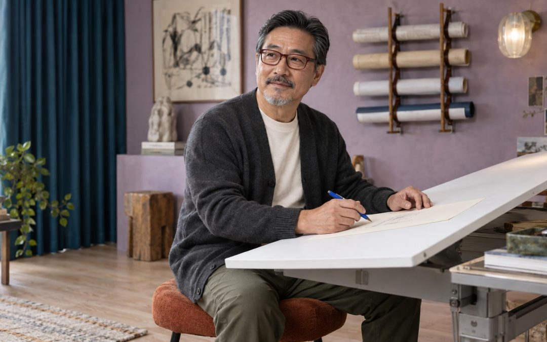 A man in his fifties pausing with a blue pencil over paper at a white drafting table in a lilac creative workspace.