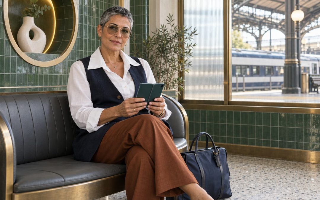 A mature woman with short silver hair, aviator glasses and her full face visible holds a modern teal folding smartphone while seated in a green-tiled station lounge.