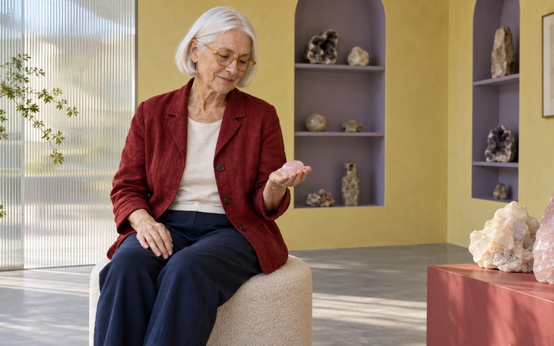 A mature woman with a white bob and yellow glasses looks at a pink stone in her open palm in a mineral hobby room.