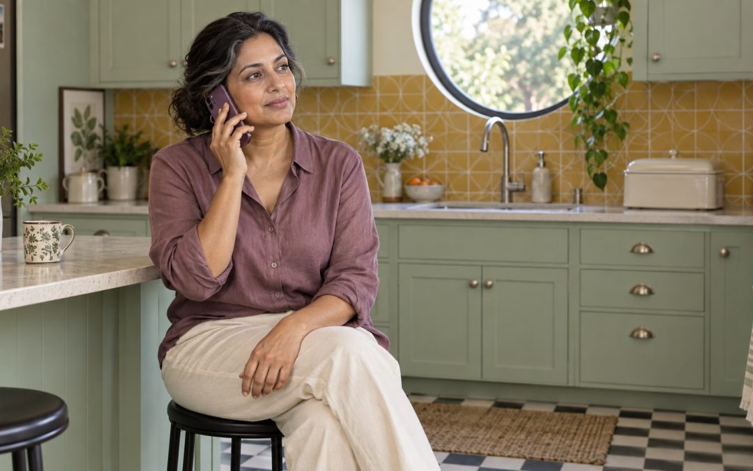 A mature woman in a mauve blouse listening on a plum smartphone beside a mint kitchen counter, with her full face visible.
