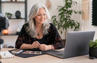 Psychic reader conducting a professional video reading from a calm home studio