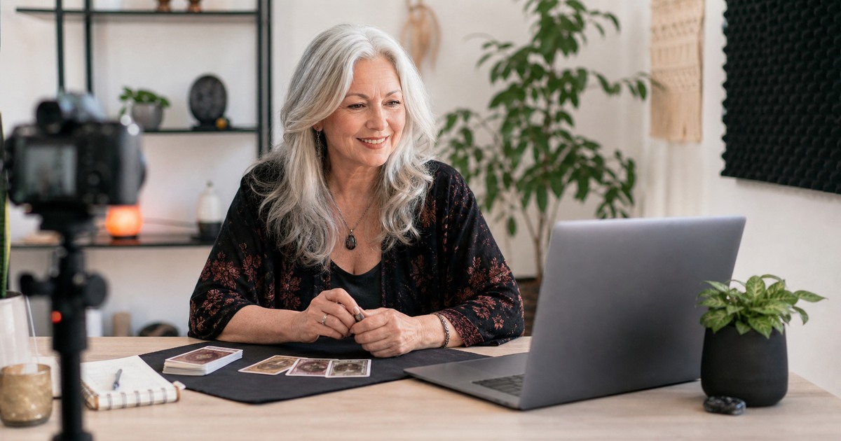Psychic reader conducting a professional video reading from a calm home studio