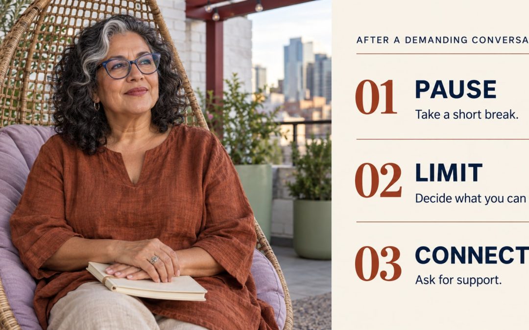 A mature woman resting on a terrace beside a guide: pause and take a short break, limit what you can offer, and connect by asking for support.