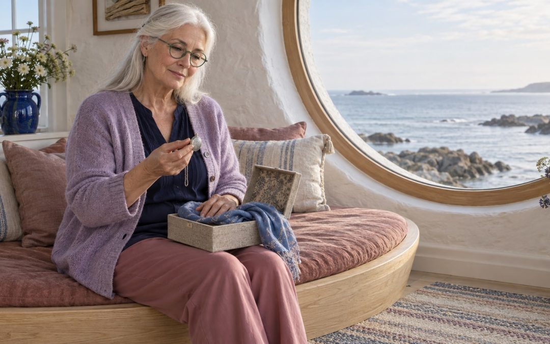 A mature woman with long white hair and green glasses holds a silver locket above a memory box on a curved window seat overlooking the sea.
