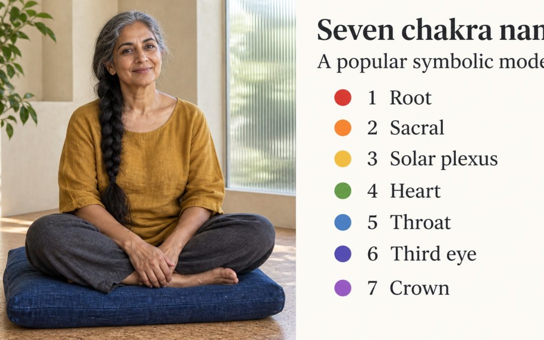 A woman in her fifties seated on a cushion beside a seven-name reference: root, sacral, solar plexus, heart, throat, third eye and crown.