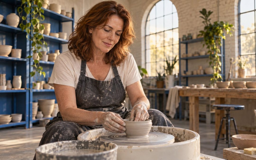 Mature woman shaping a clay bowl while exploring a creative interest in a bright pottery studio