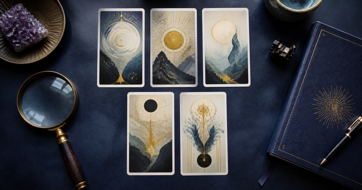 Tarot spread, magnifying glass, and notebook for a reflective reading