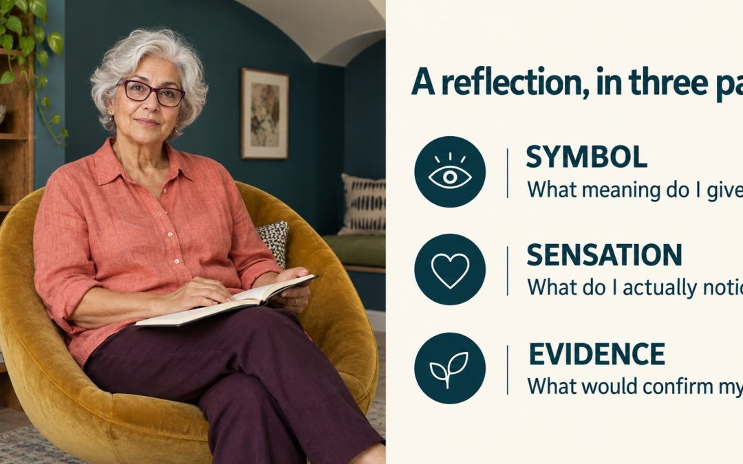 A woman in her sixties with plum glasses holding a notebook beside three prompts about symbol, sensation and evidence.