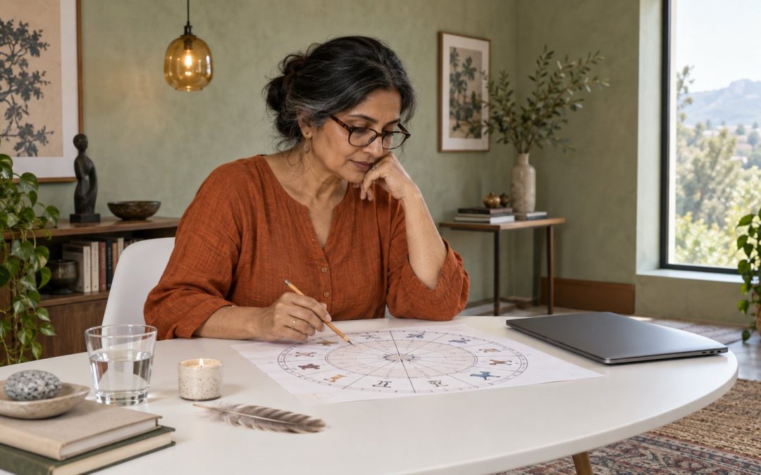Mature woman studying a zodiac chart with symbolic objects representing the four elements